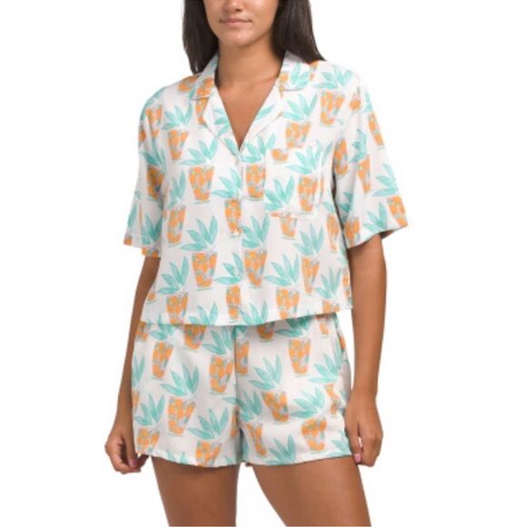 Bouffants & Broken Hearts L White Teal Orange Lemonade Print PJ Short Set - Picture 1 of 16